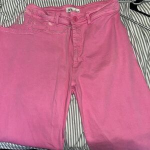 Zara Women's Bright Pink High Waisted Wide Leg Jeans